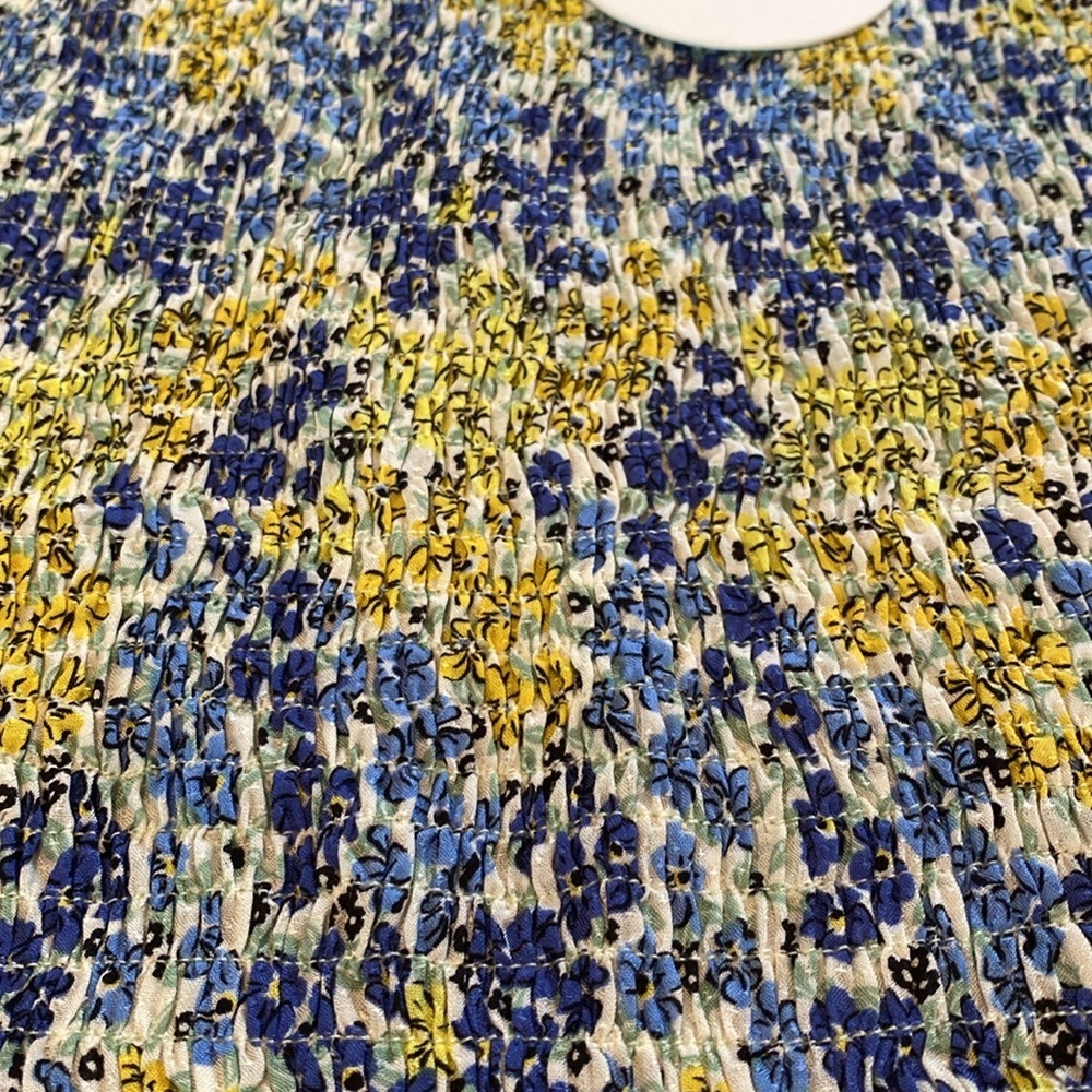 Lost + Wander Smocked Bodice S/S Blossom & Bloom Blue Yellow Floral Dress Sz L — image 6 of 8